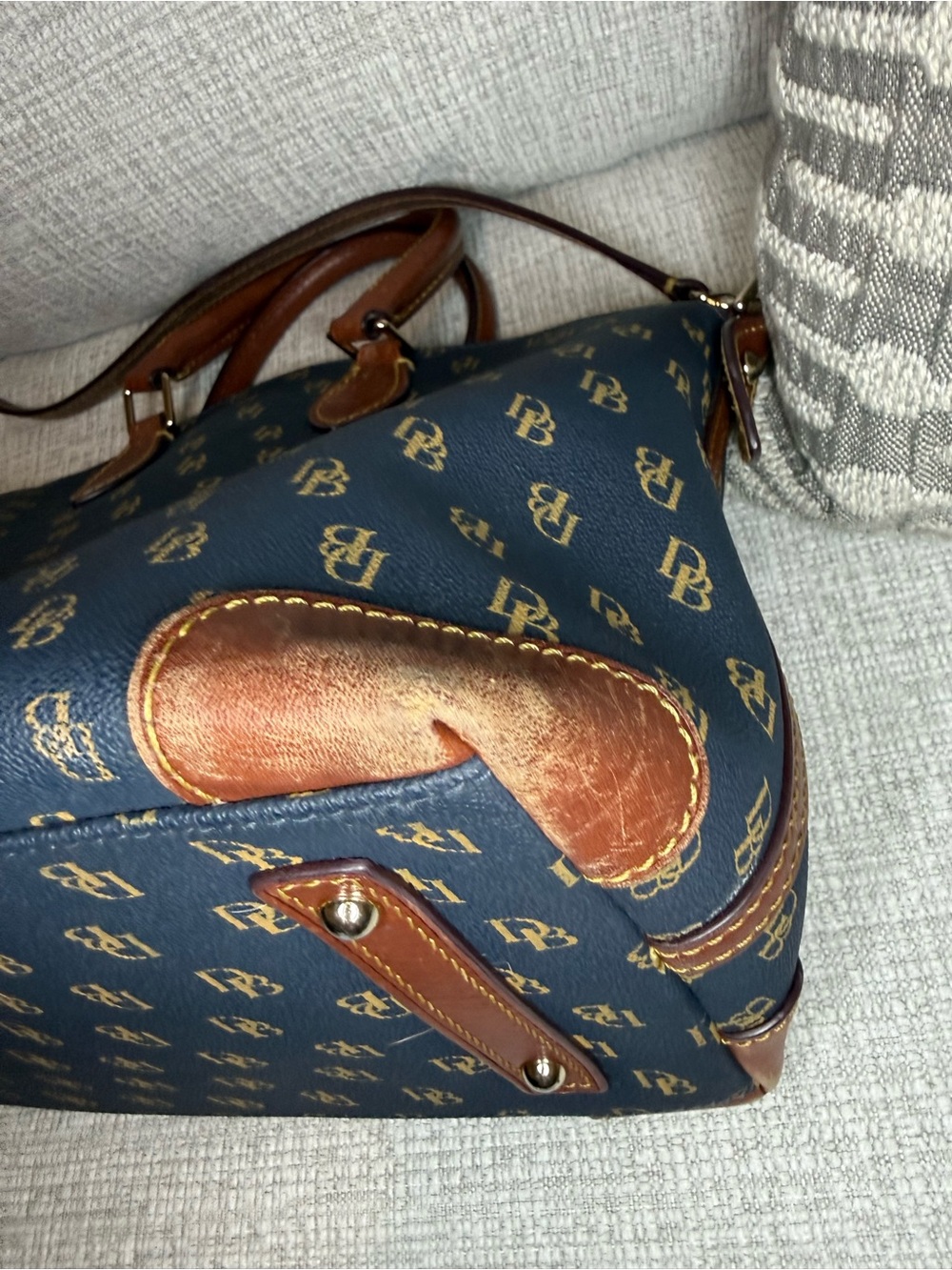 Dooney & Bourke Navy and Brown Signature Gretta Satchel with Leather Trim - Picture 5 of 14